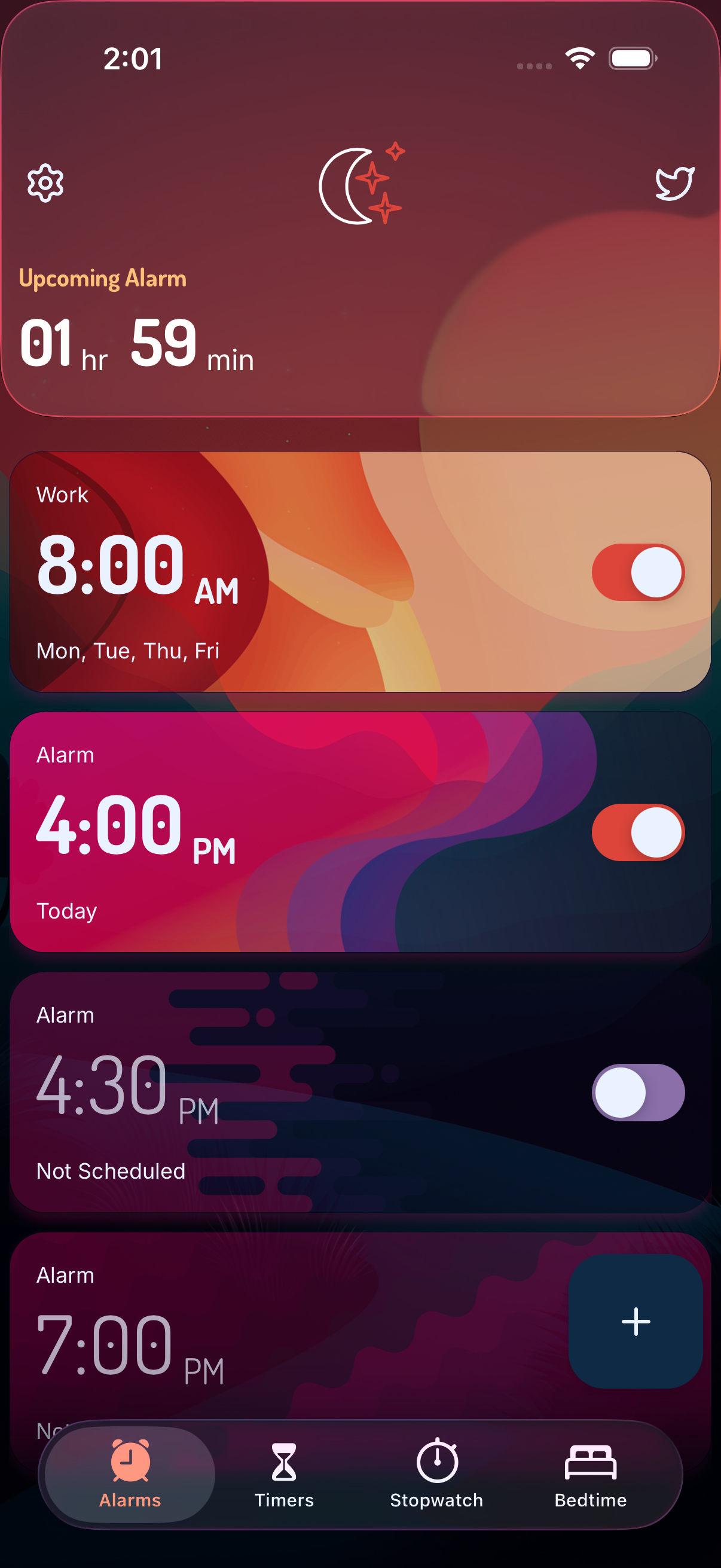 Don't Snooze alarms view showing upcoming alarm countdown and active alarms list