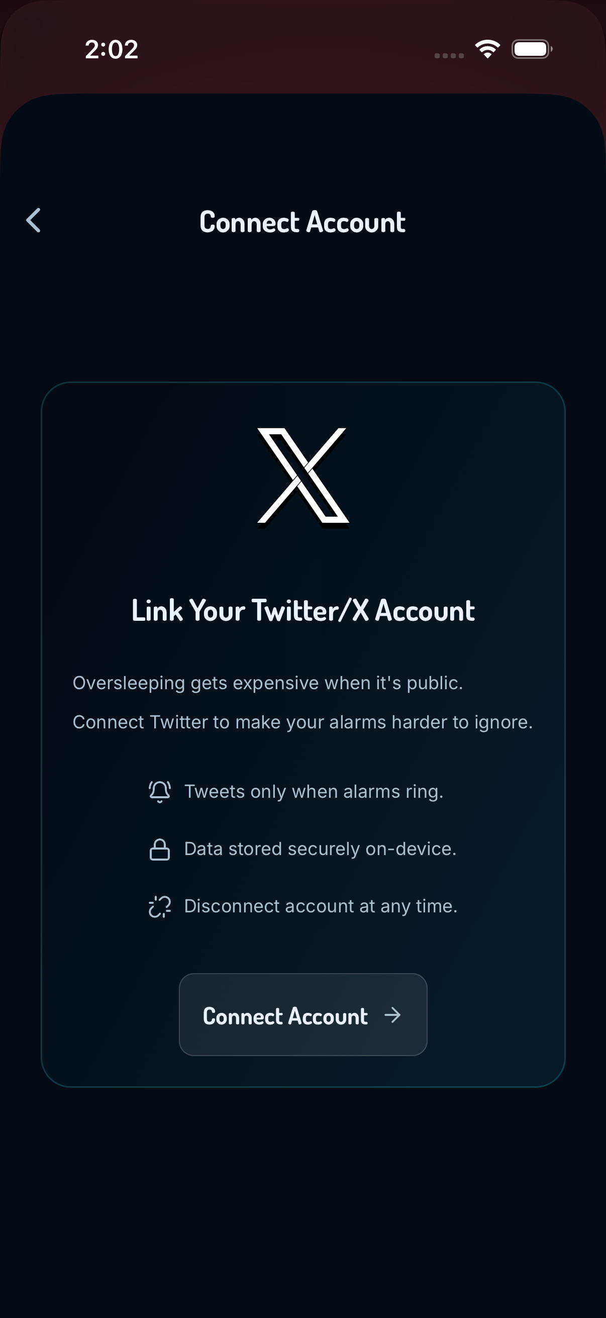 Don't Snooze connect Twitter/X account screen to enable shame tweets